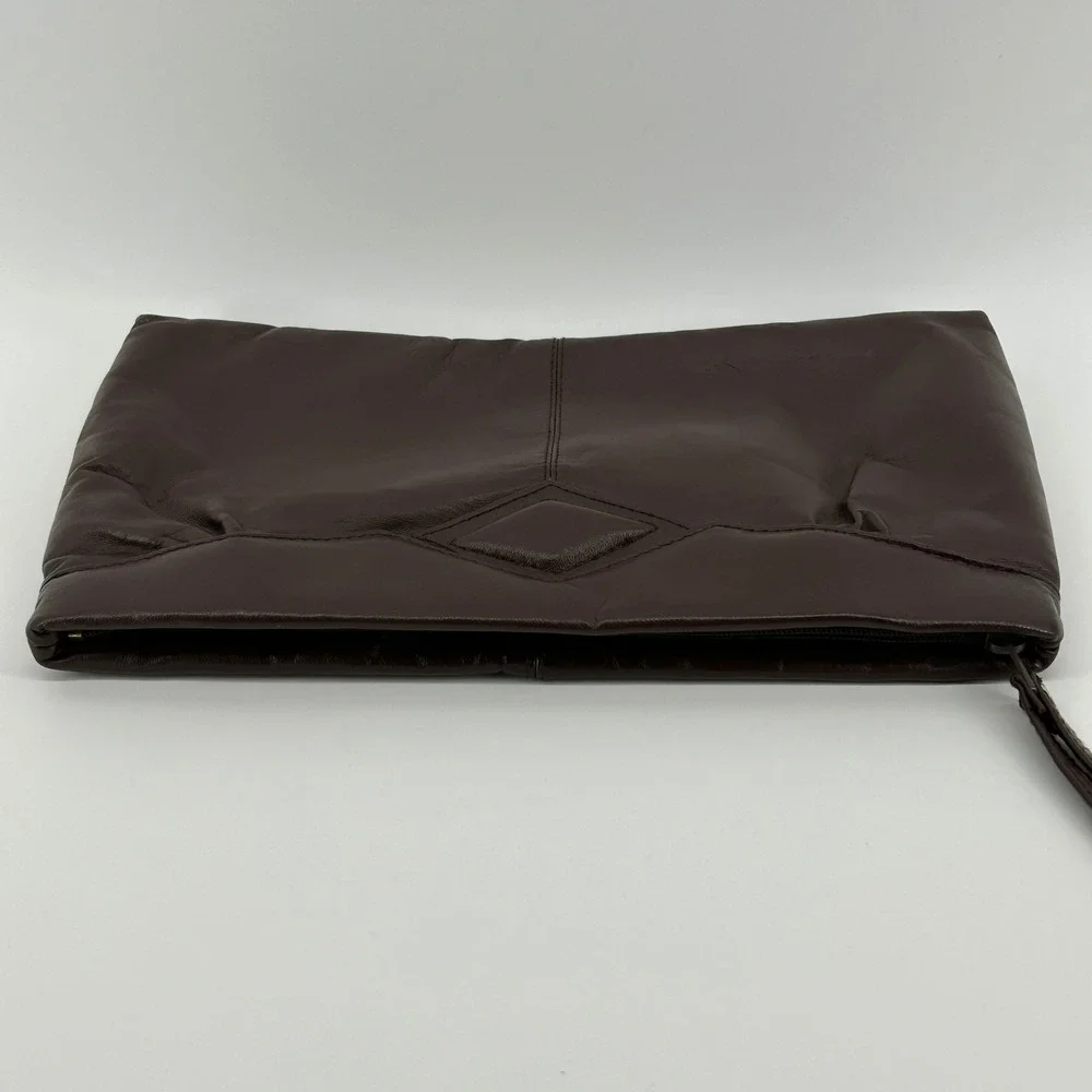 Vintage Dark Brown Soft Leather Wristlet Clutch Bag Made in Hong Kong Minimalist